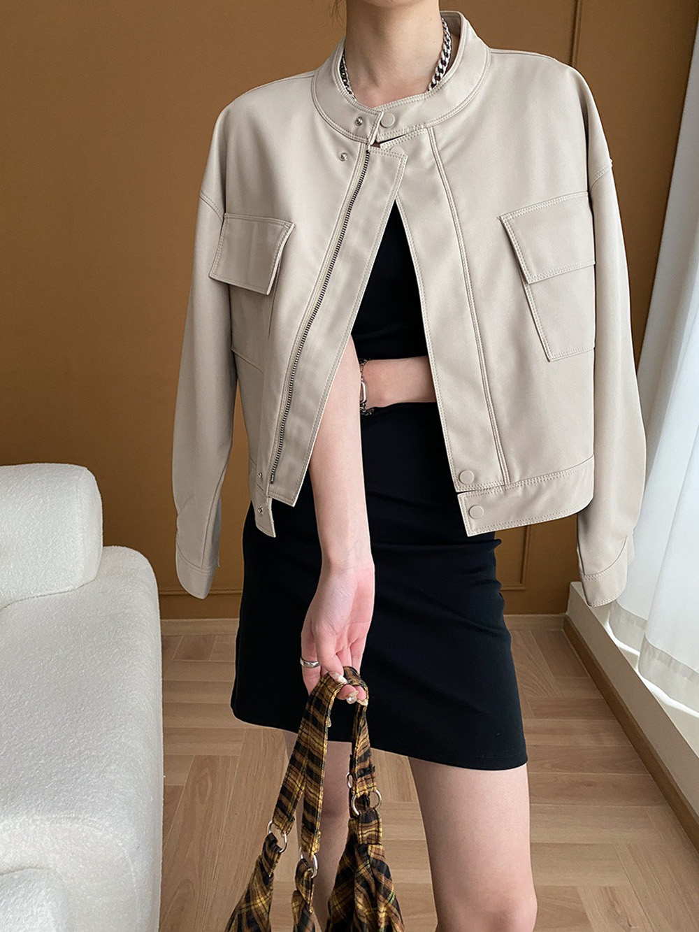 美式復古立領皮衣外套