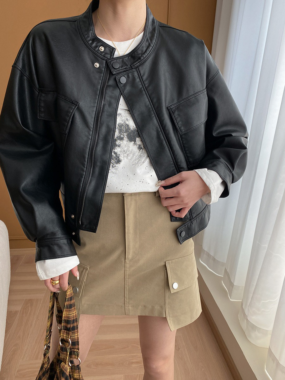 美式復古立領皮衣外套