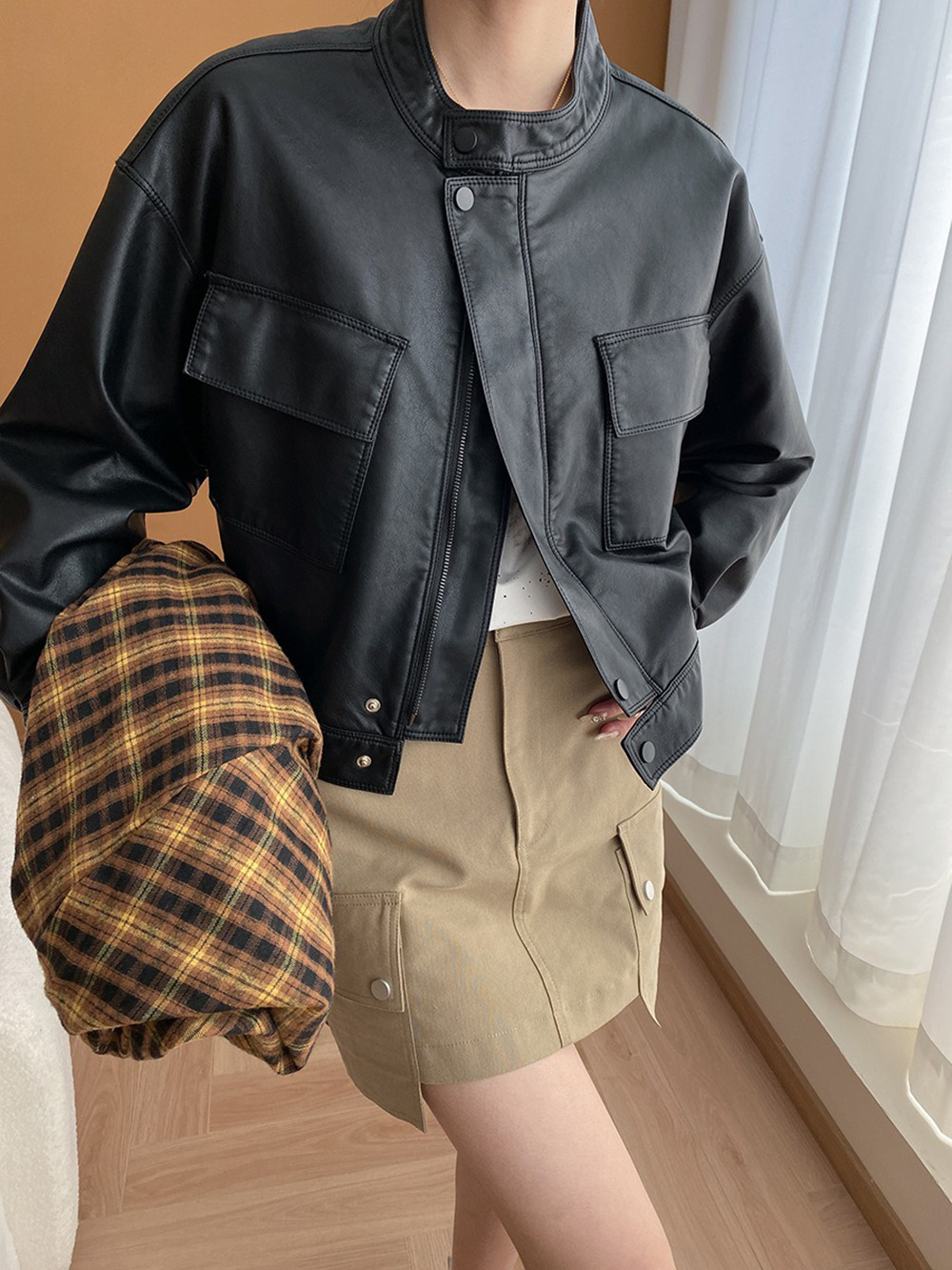 美式復古立領皮衣外套