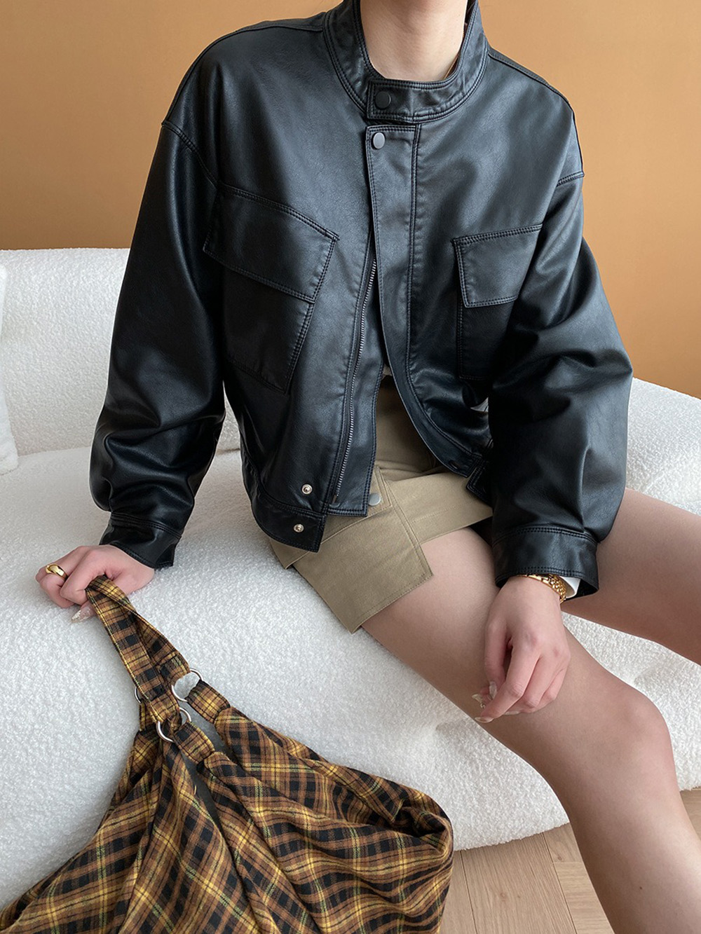 美式復古立領皮衣外套