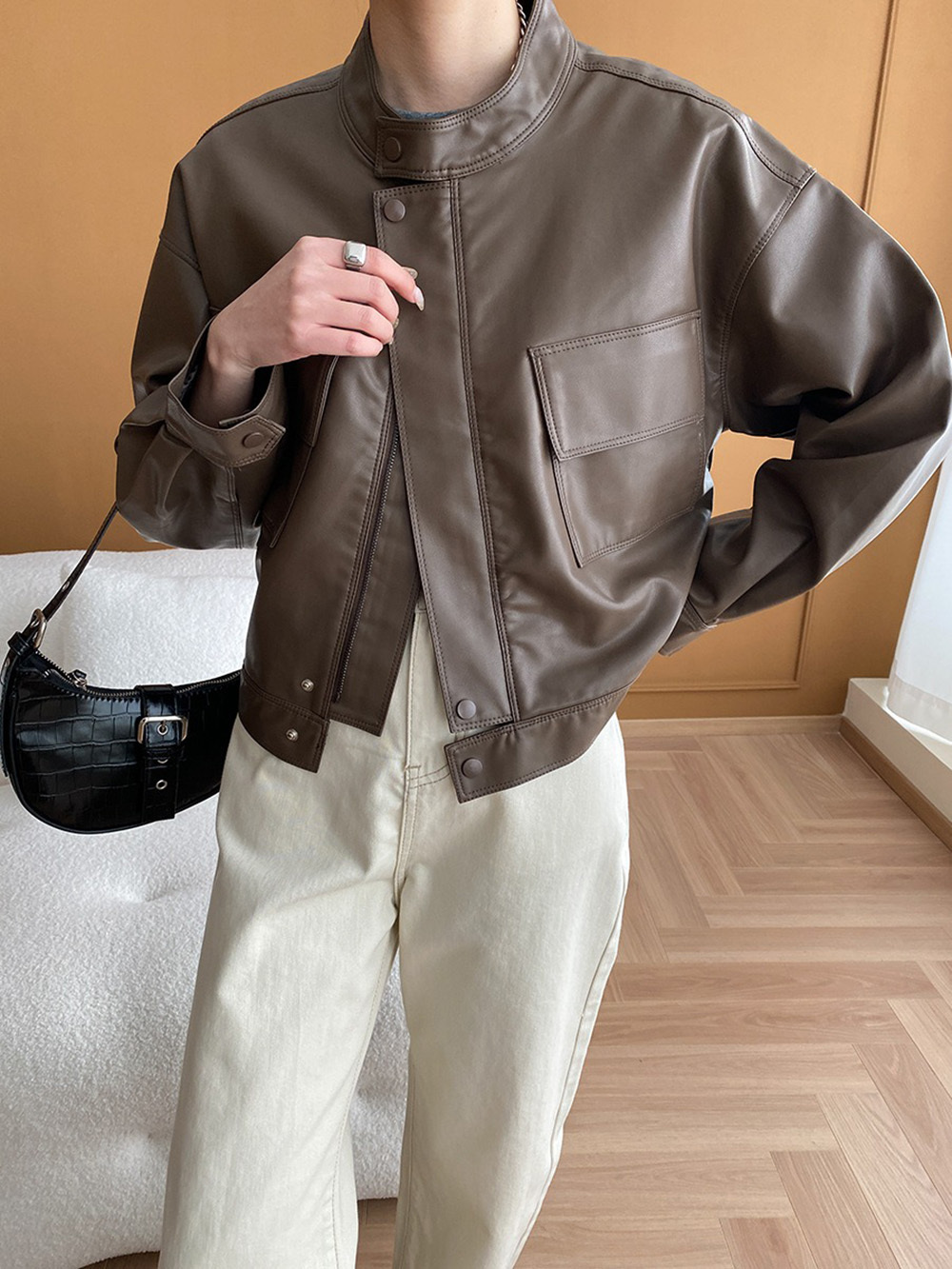 美式復古立領皮衣外套