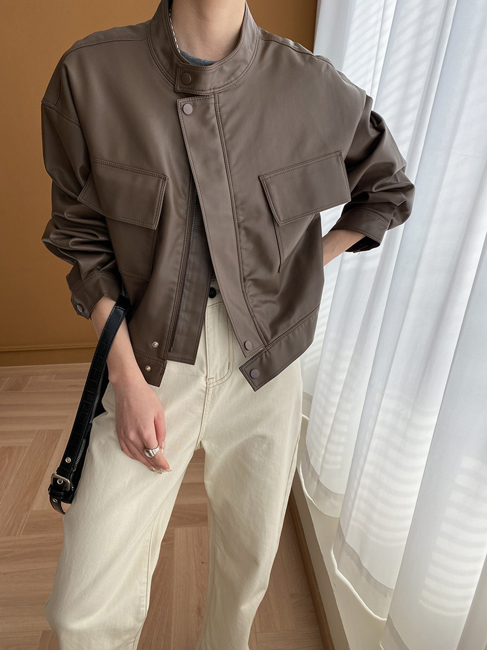 美式復古立領皮衣外套