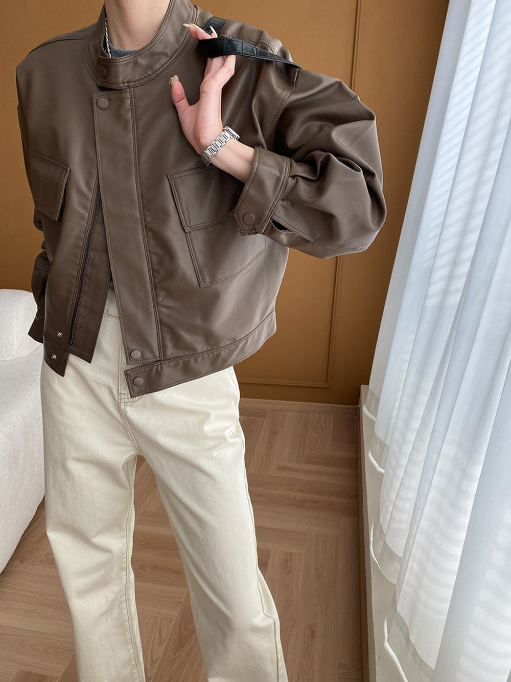 美式復古立領皮衣外套