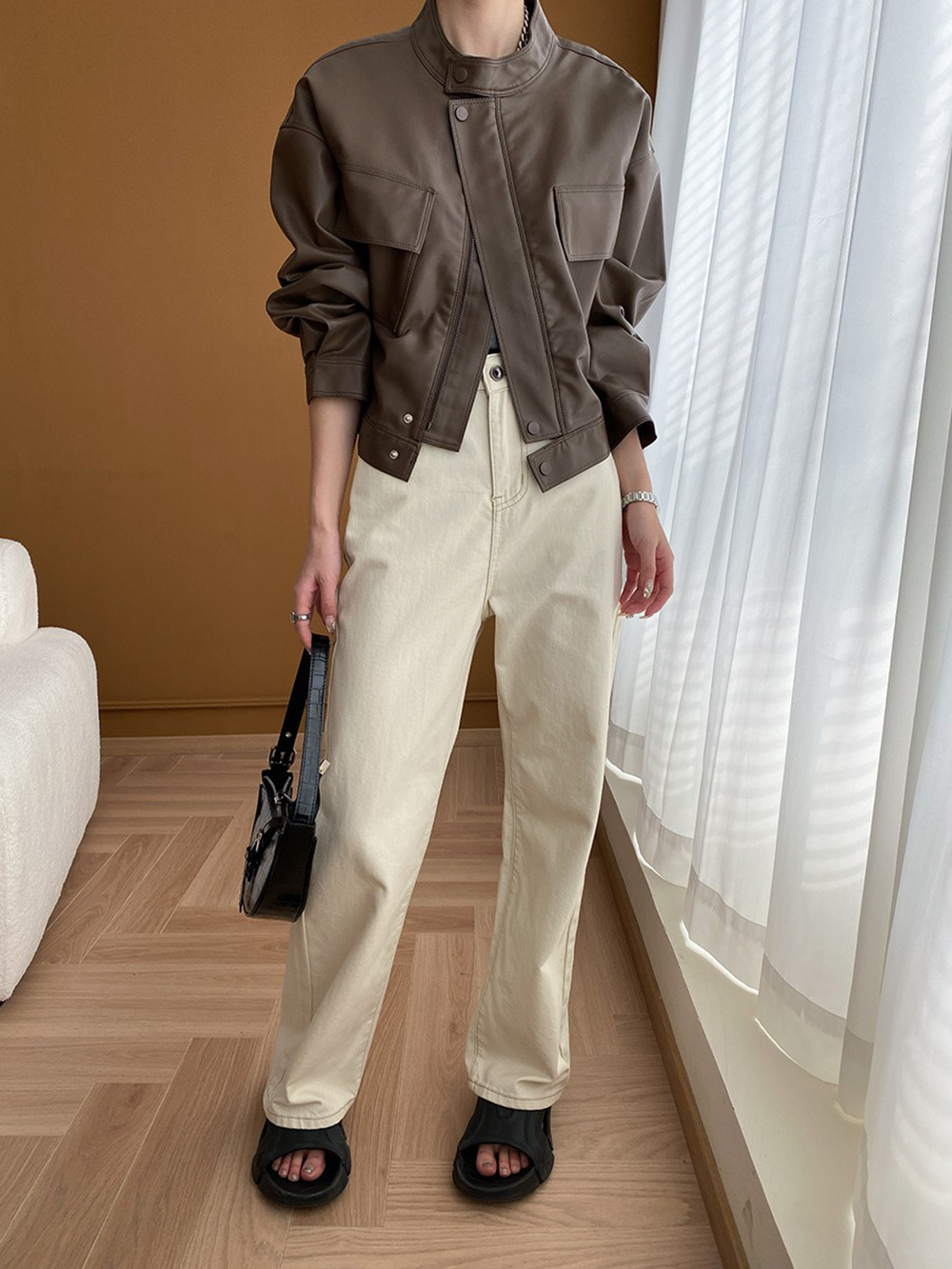 美式復古立領皮衣外套