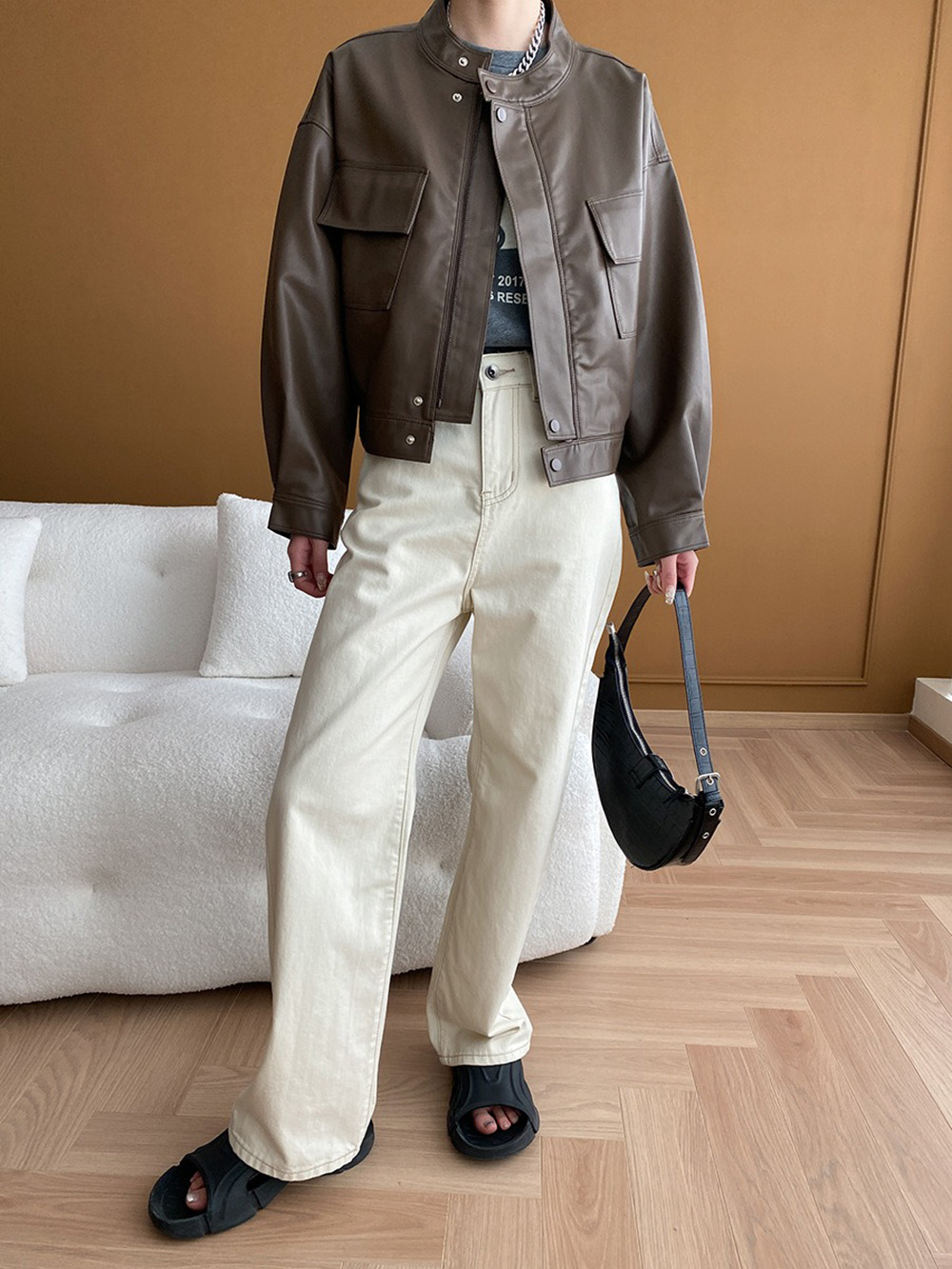 美式復古立領皮衣外套