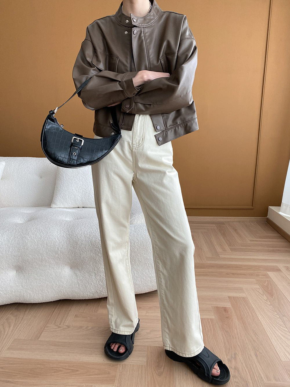 美式復古立領皮衣外套