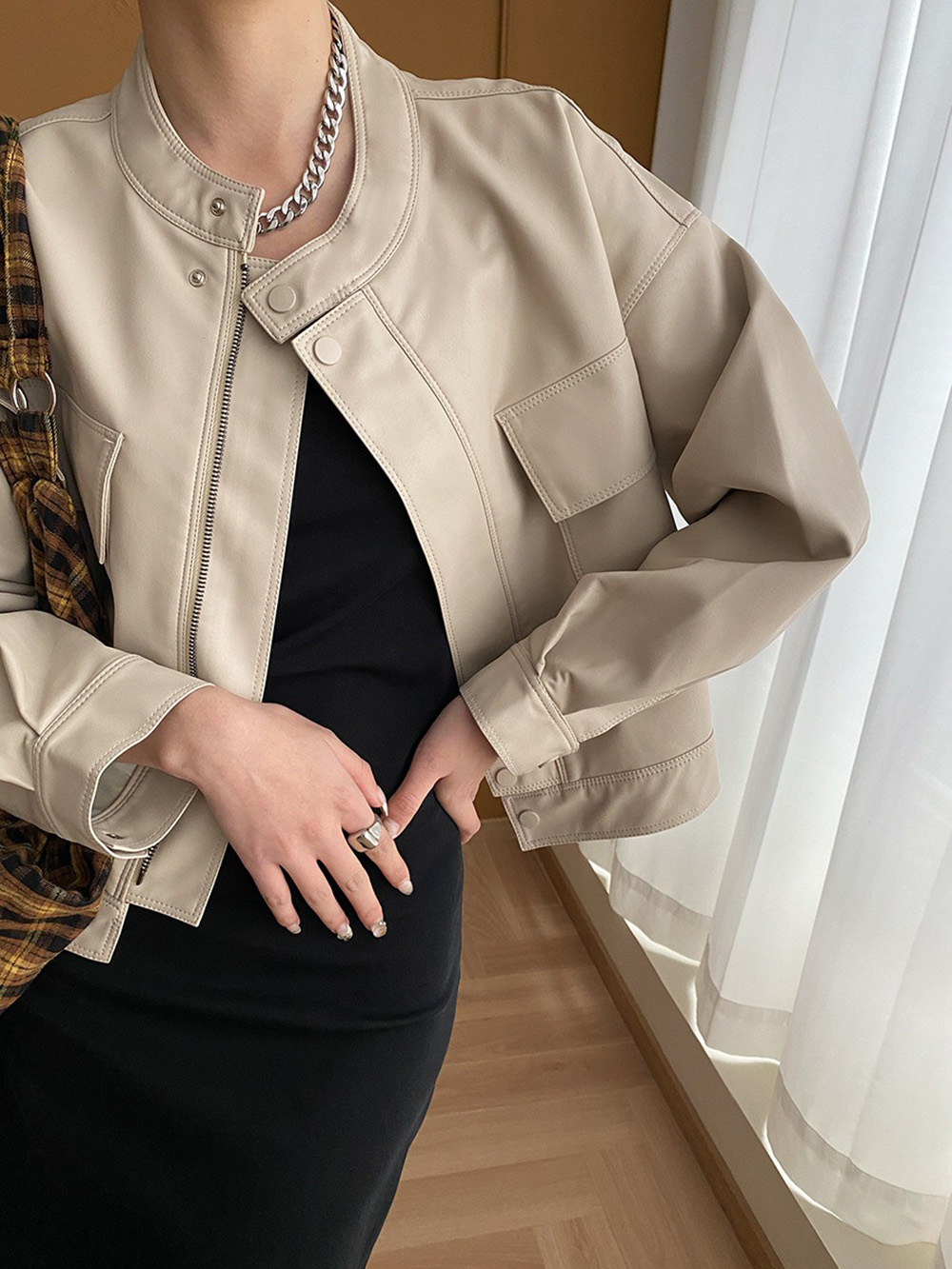 美式復古立領皮衣外套