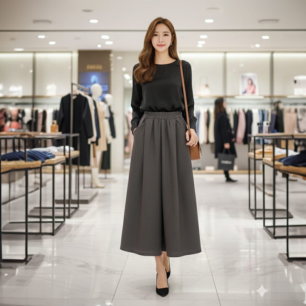 咖色鬆緊高腰休閒寬褲