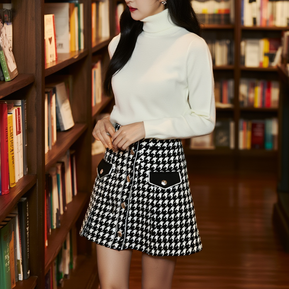 經典針織釦飾A字短裙