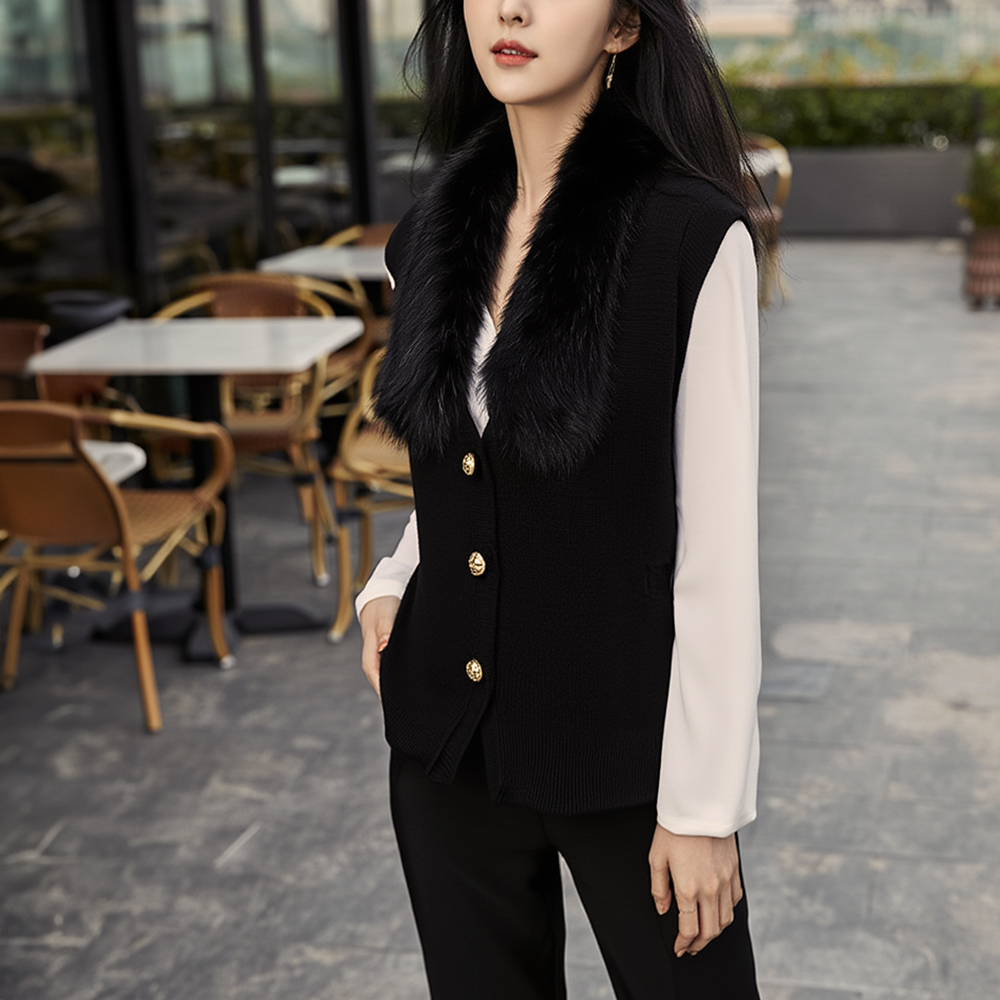 毛領針織收腰背心外套