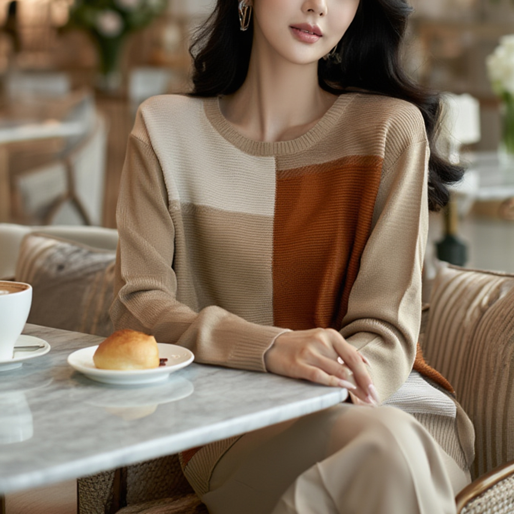 大地色系拼色針織上衣