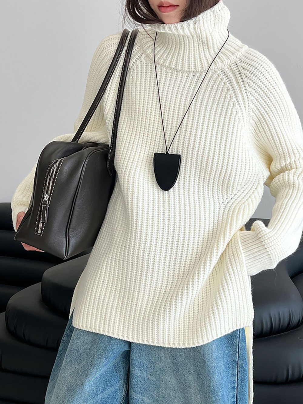 別緻綁帶高領針織毛衣