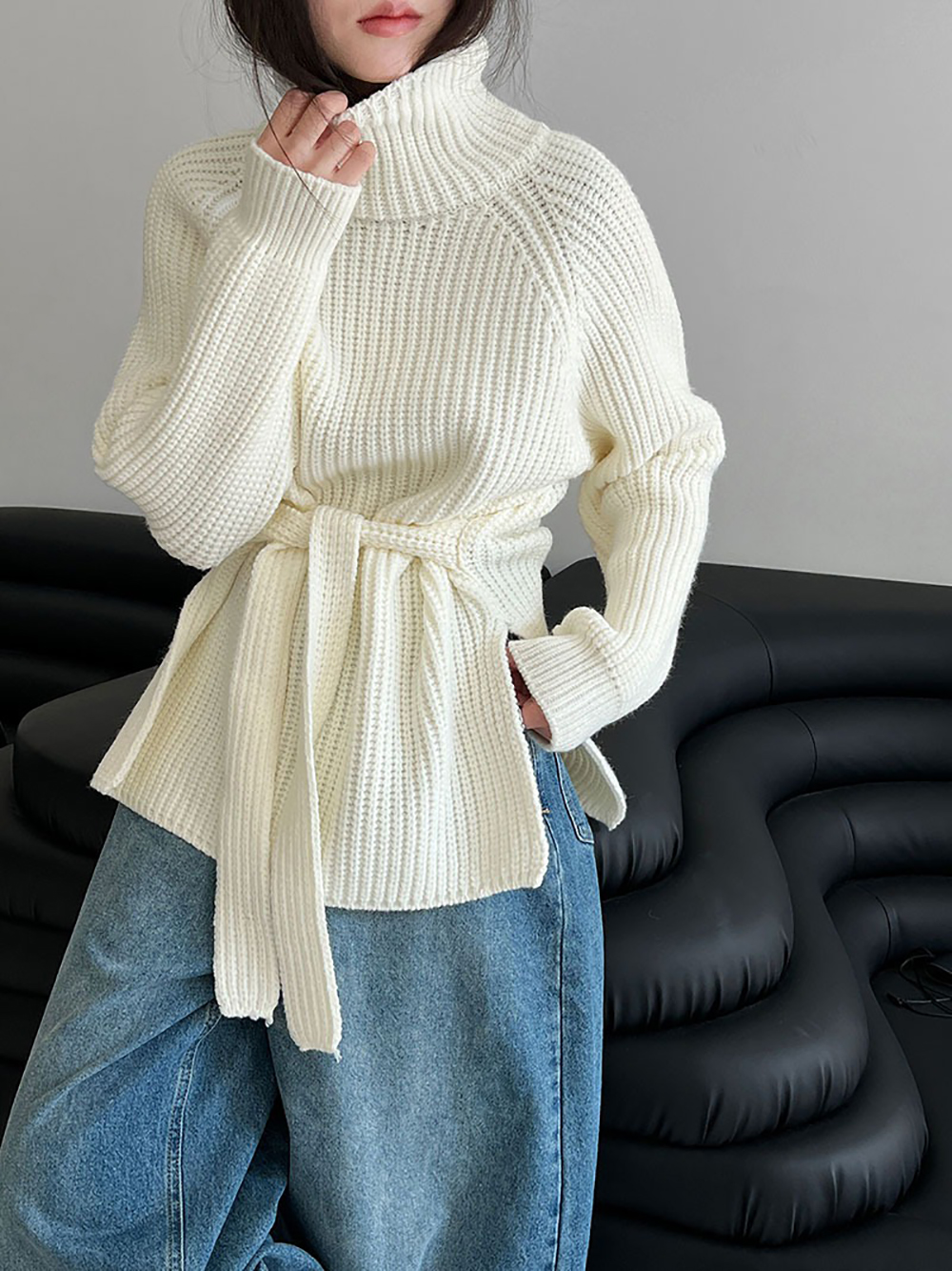 別緻綁帶高領針織毛衣