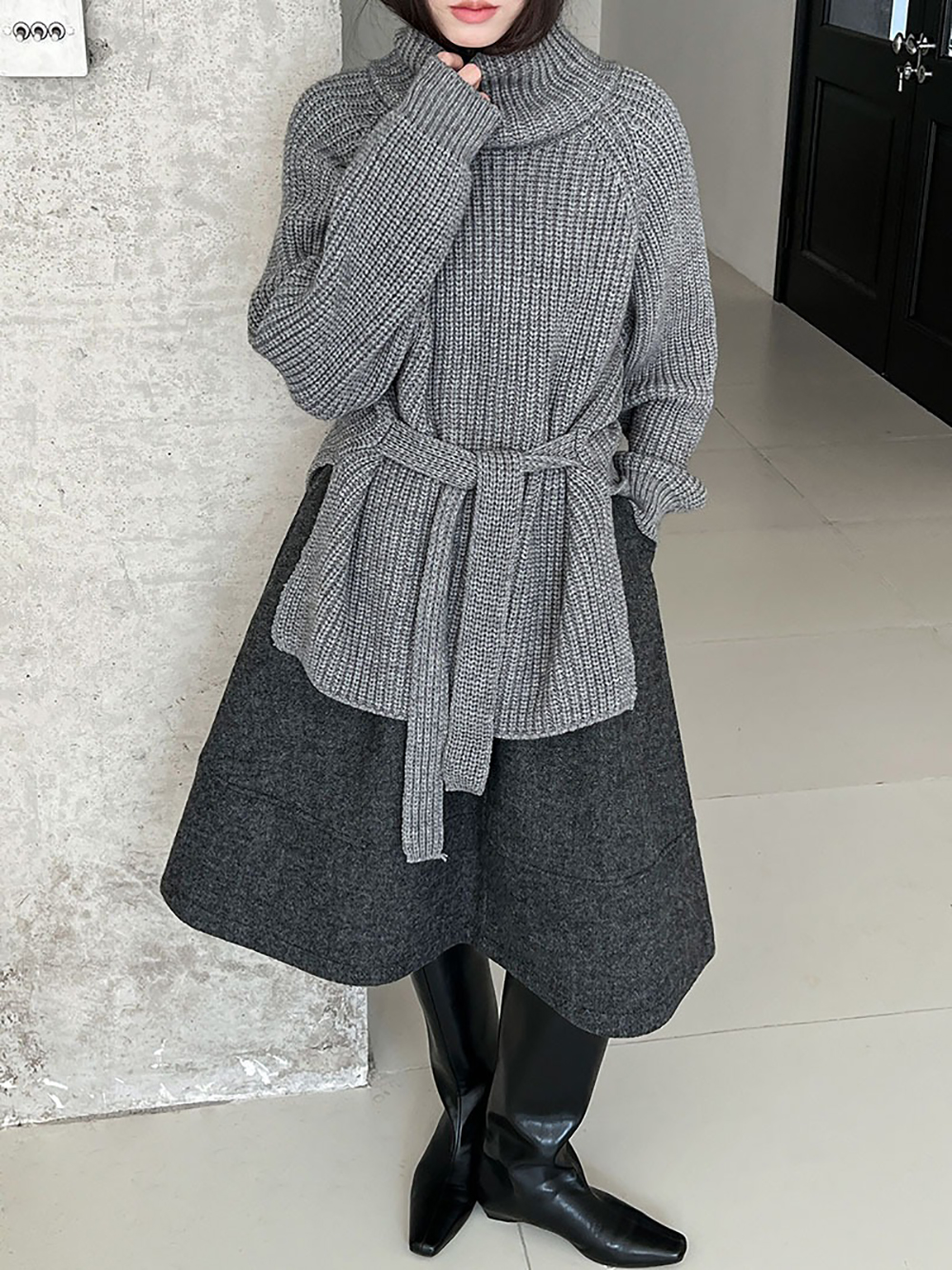 別緻綁帶高領針織毛衣