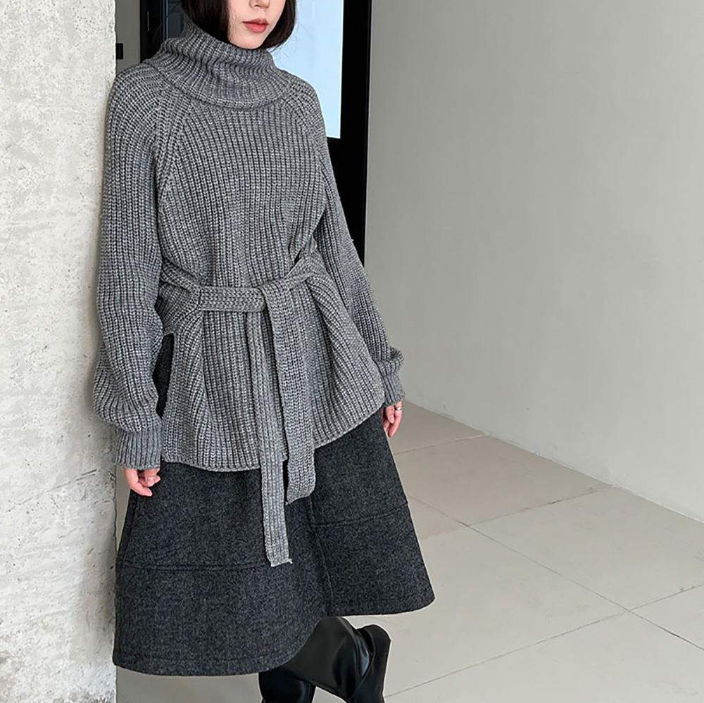 別緻綁帶高領針織毛衣