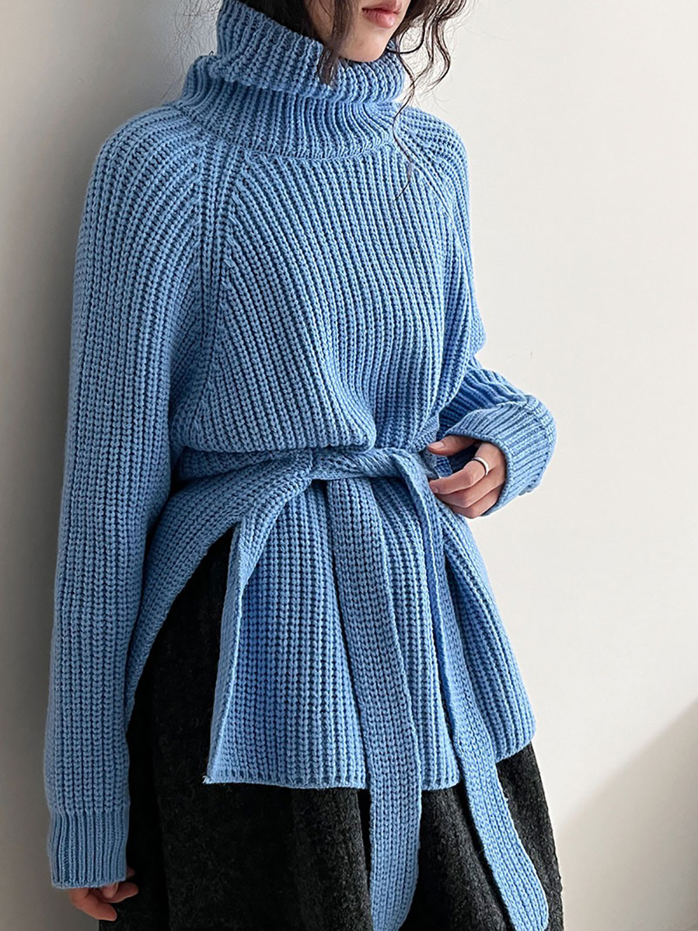 別緻綁帶高領針織毛衣