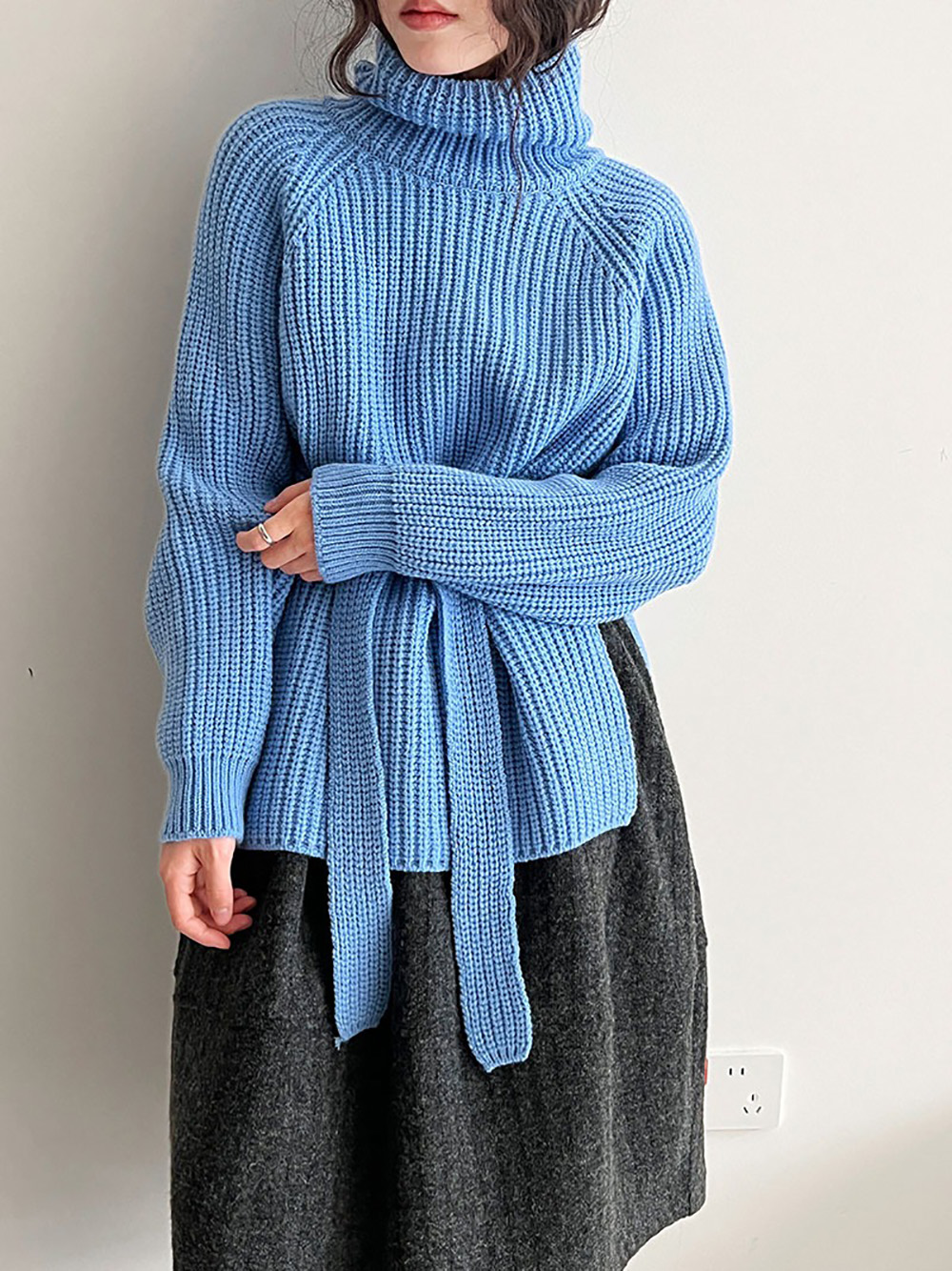 別緻綁帶高領針織毛衣