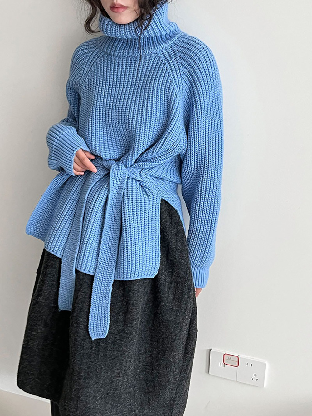 別緻綁帶高領針織毛衣