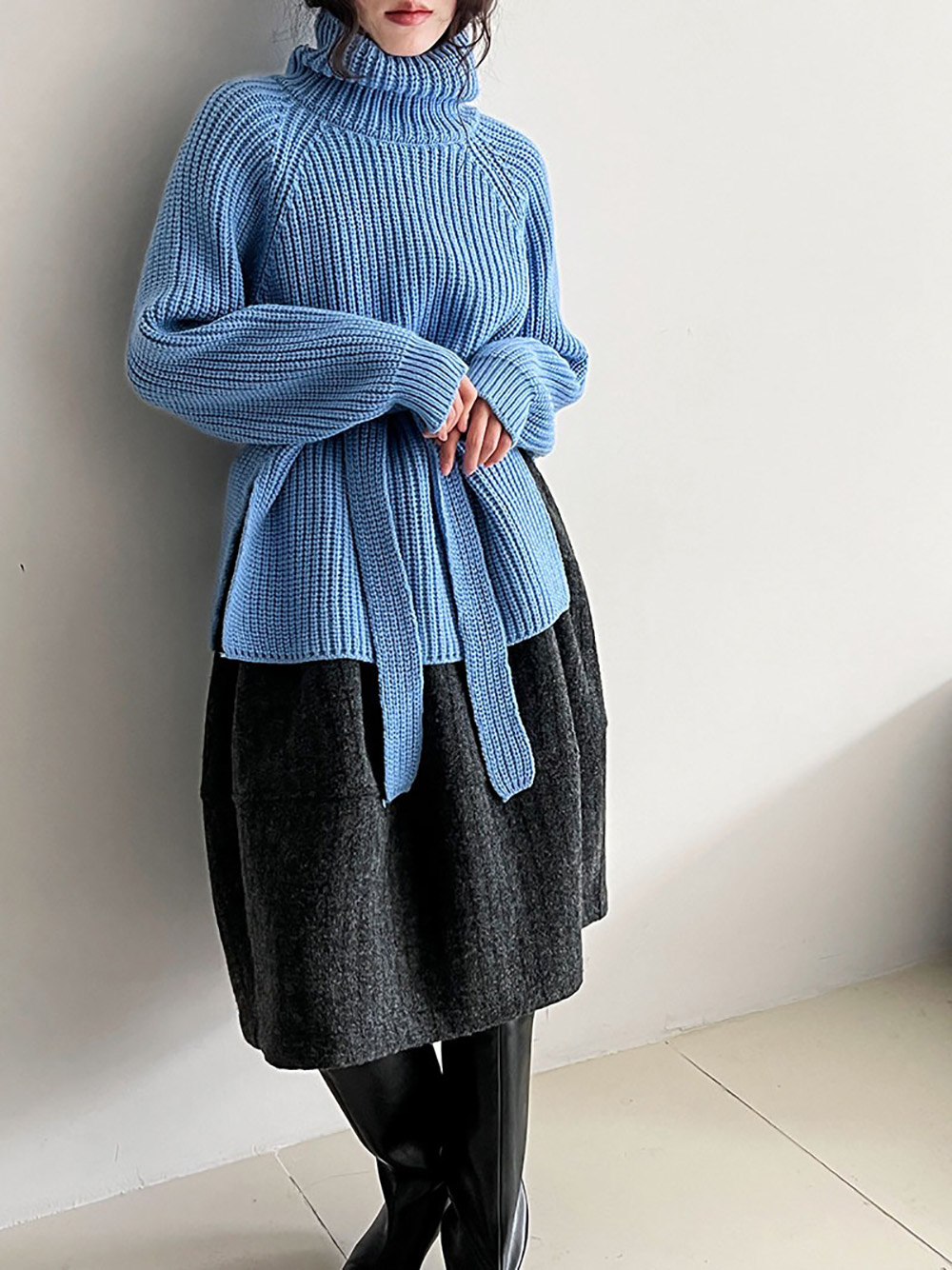 別緻綁帶高領針織毛衣