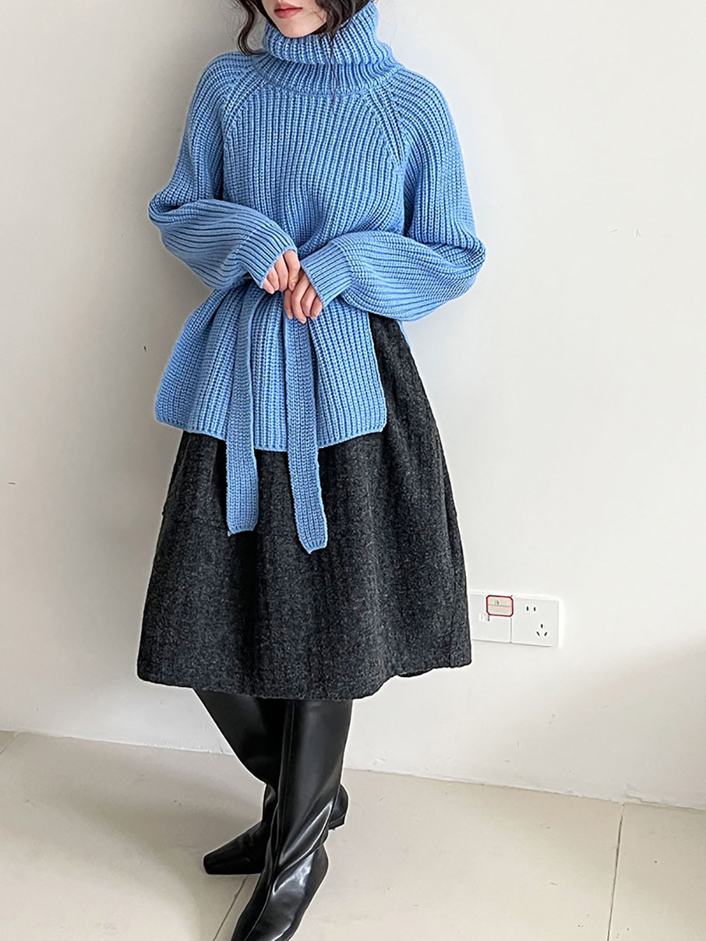 別緻綁帶高領針織毛衣
