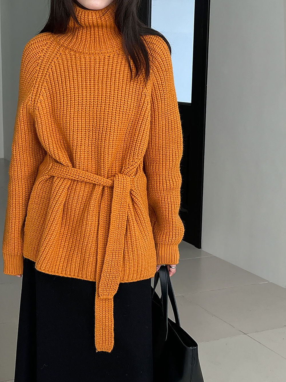 別緻綁帶高領針織毛衣