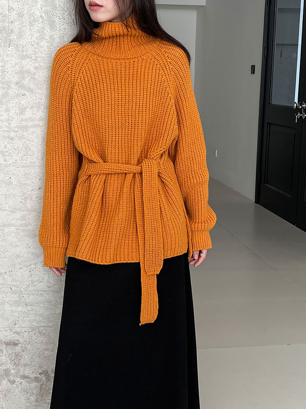 別緻綁帶高領針織毛衣