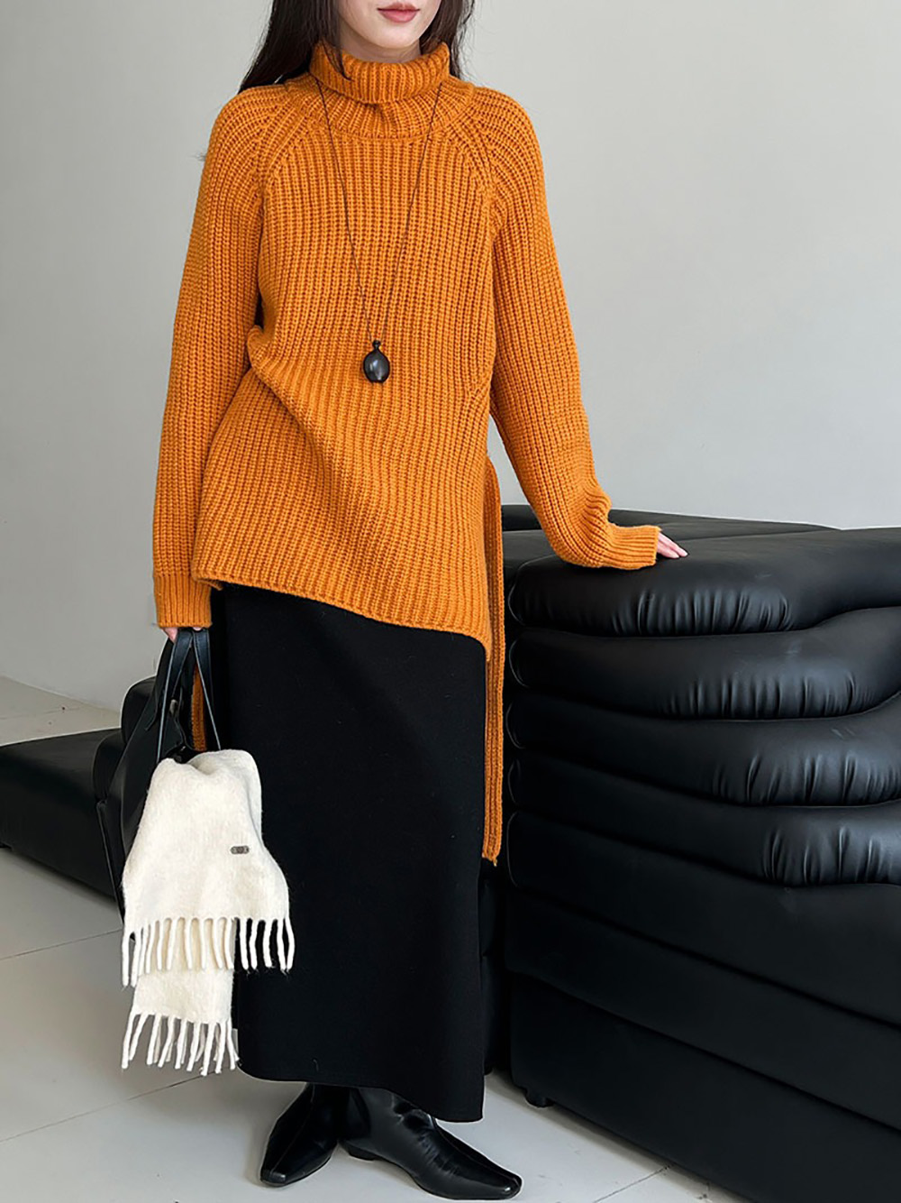 別緻綁帶高領針織毛衣