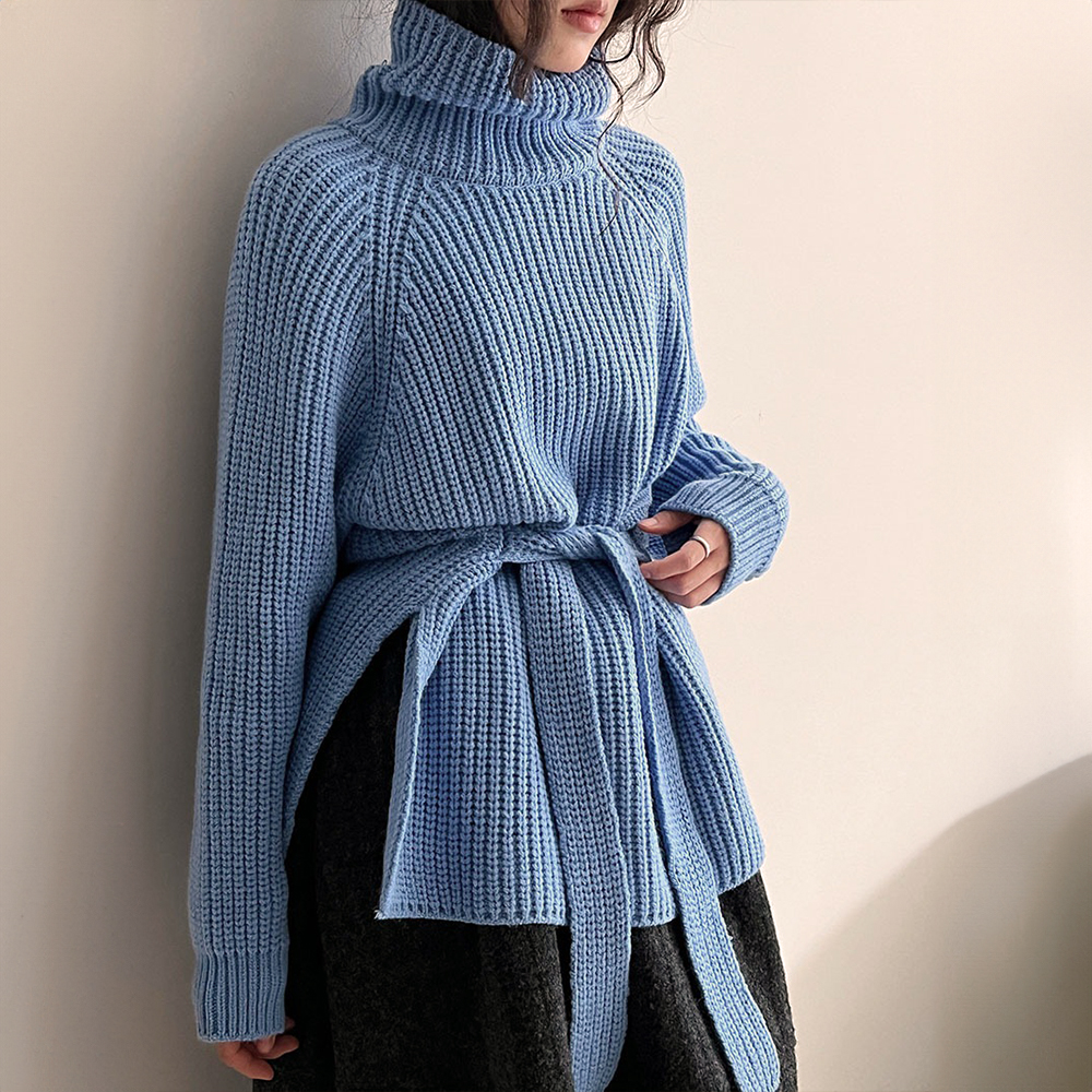 別緻綁帶高領針織毛衣