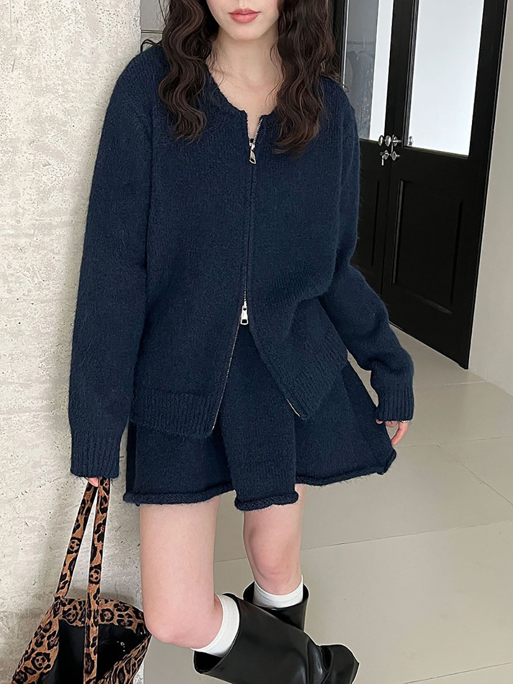 拉鍊針織毛衣短裙套裝