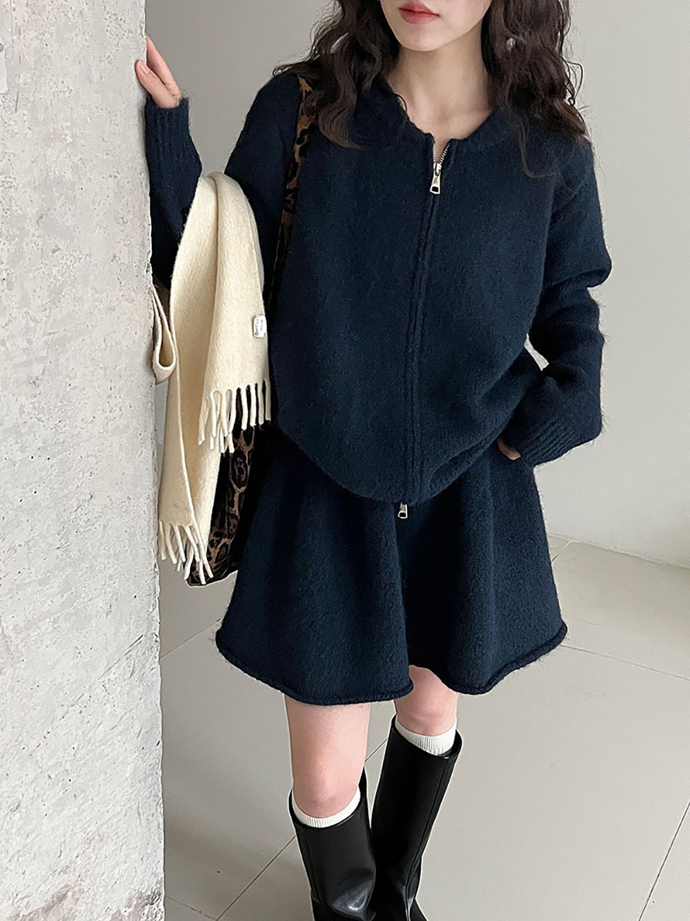 拉鍊針織毛衣短裙套裝