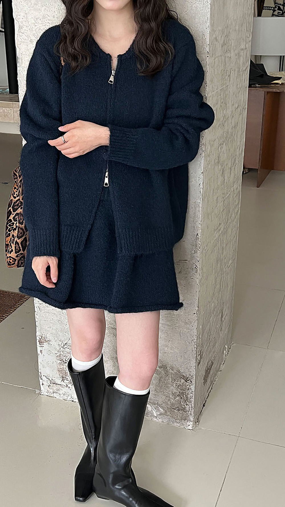 拉鍊針織毛衣短裙套裝