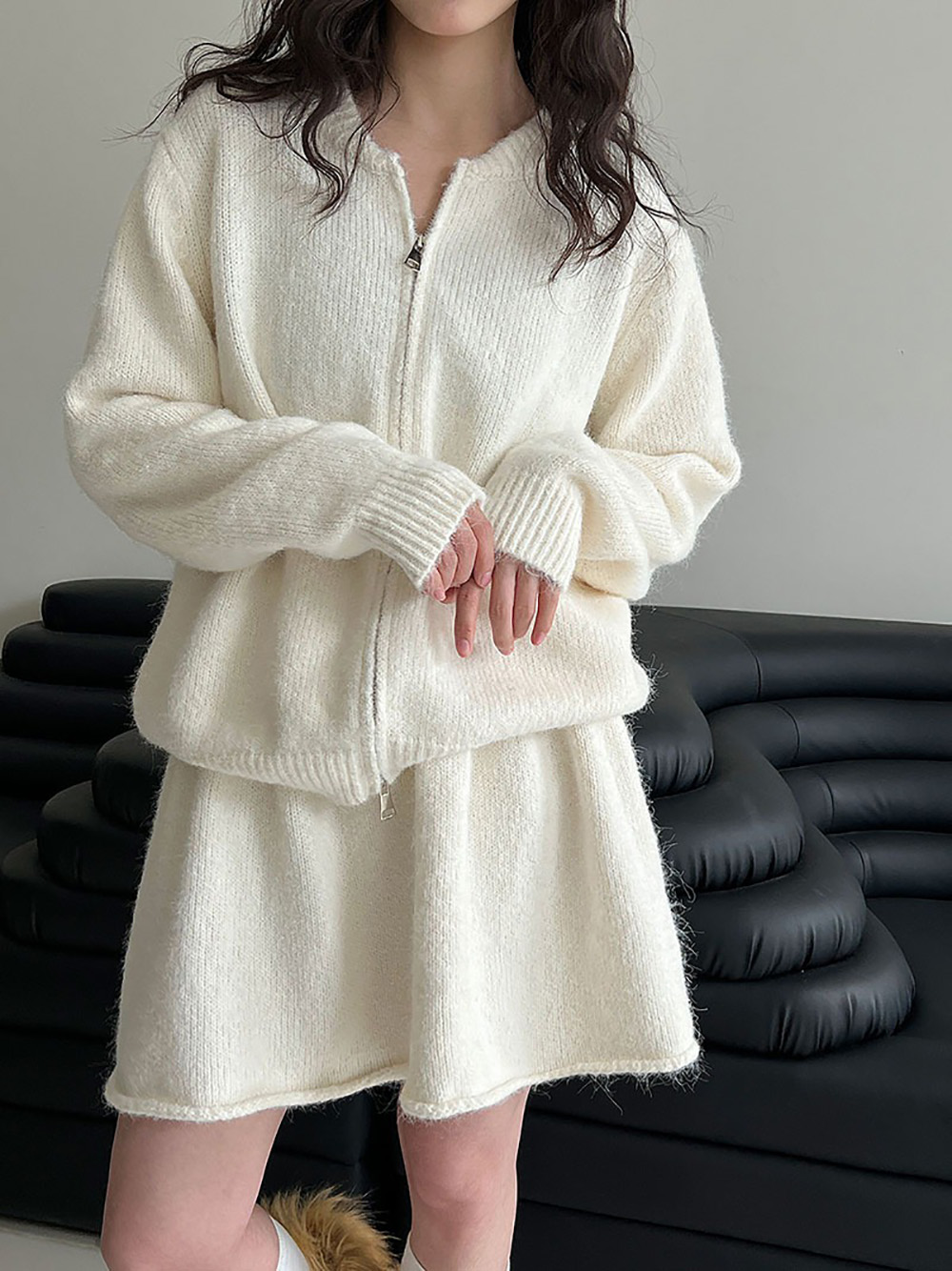 拉鍊針織毛衣短裙套裝