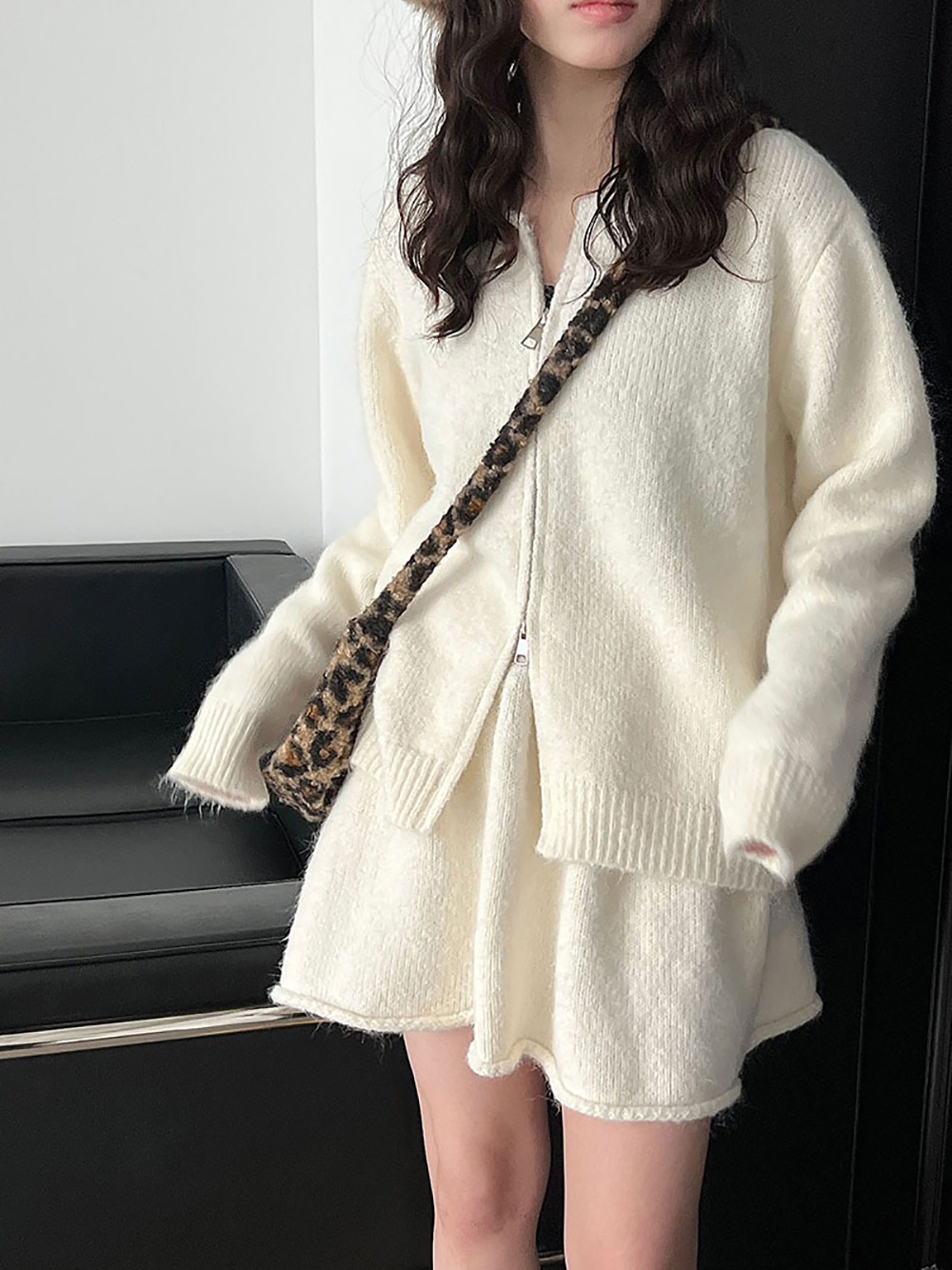 拉鍊針織毛衣短裙套裝