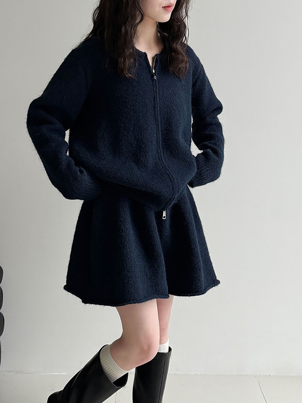 拉鍊針織毛衣短裙套裝