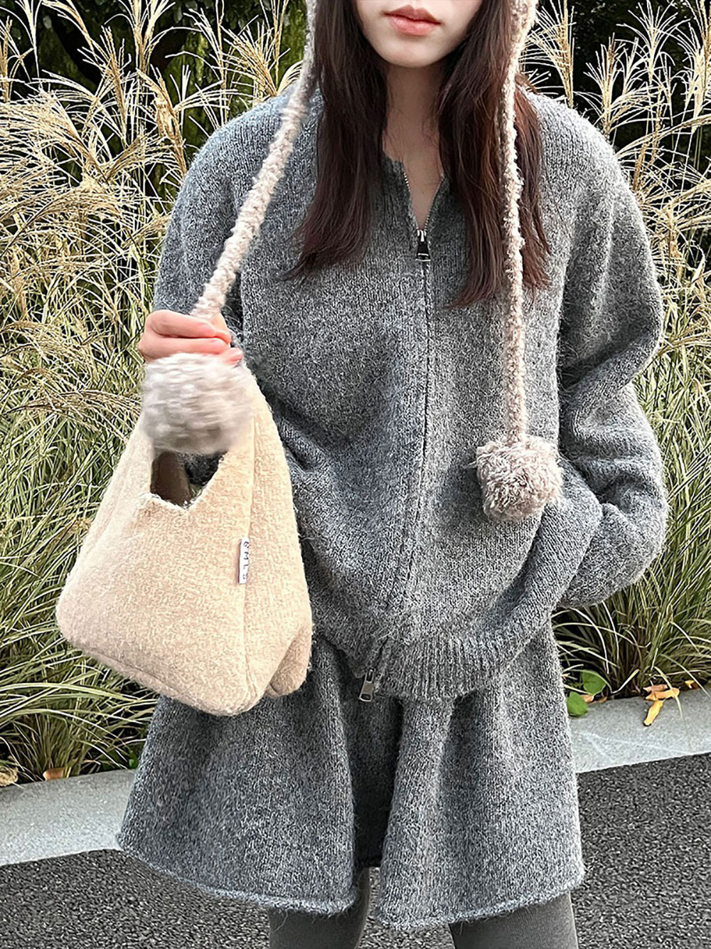 拉鍊針織毛衣短裙套裝