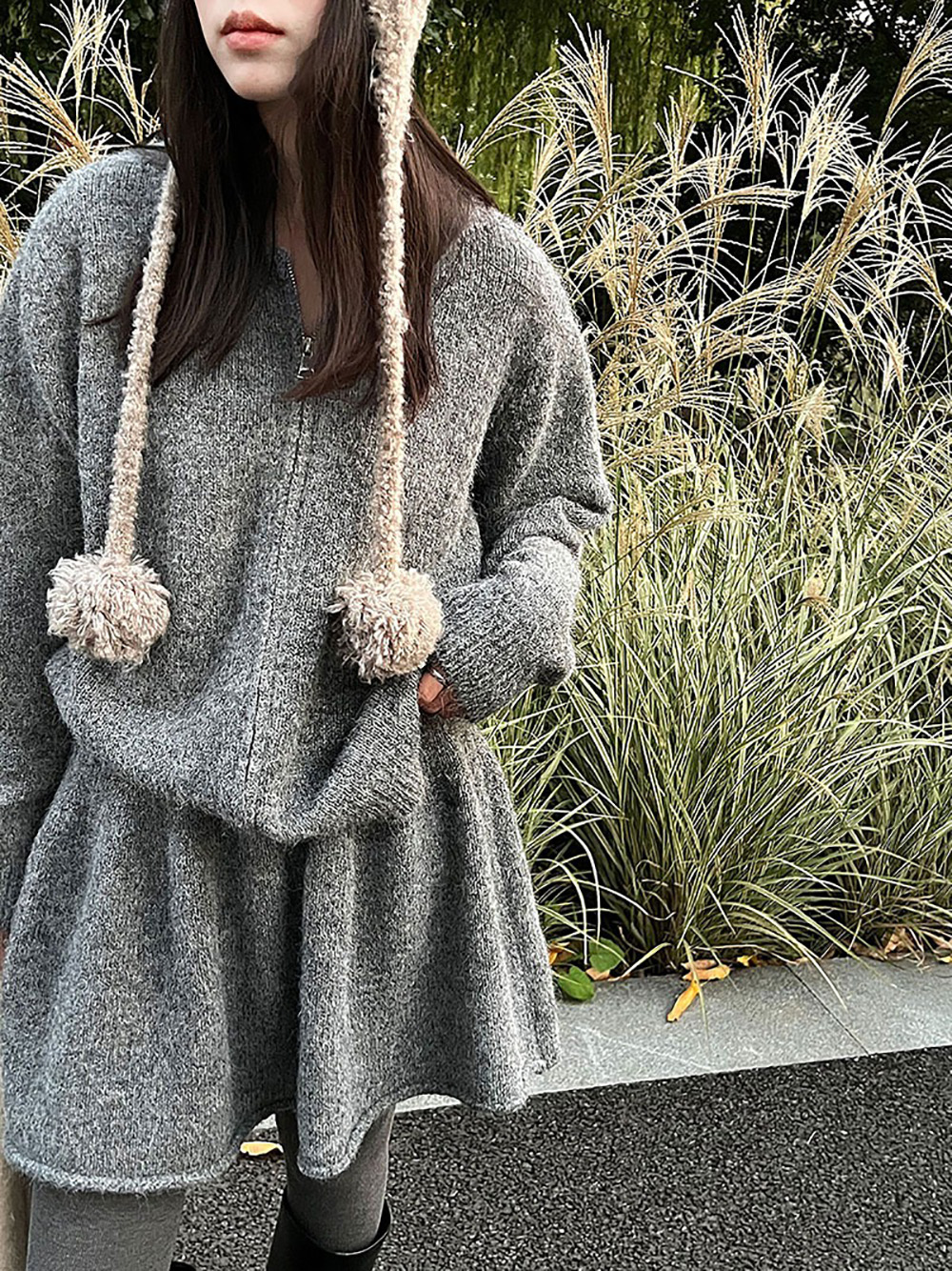 拉鍊針織毛衣短裙套裝