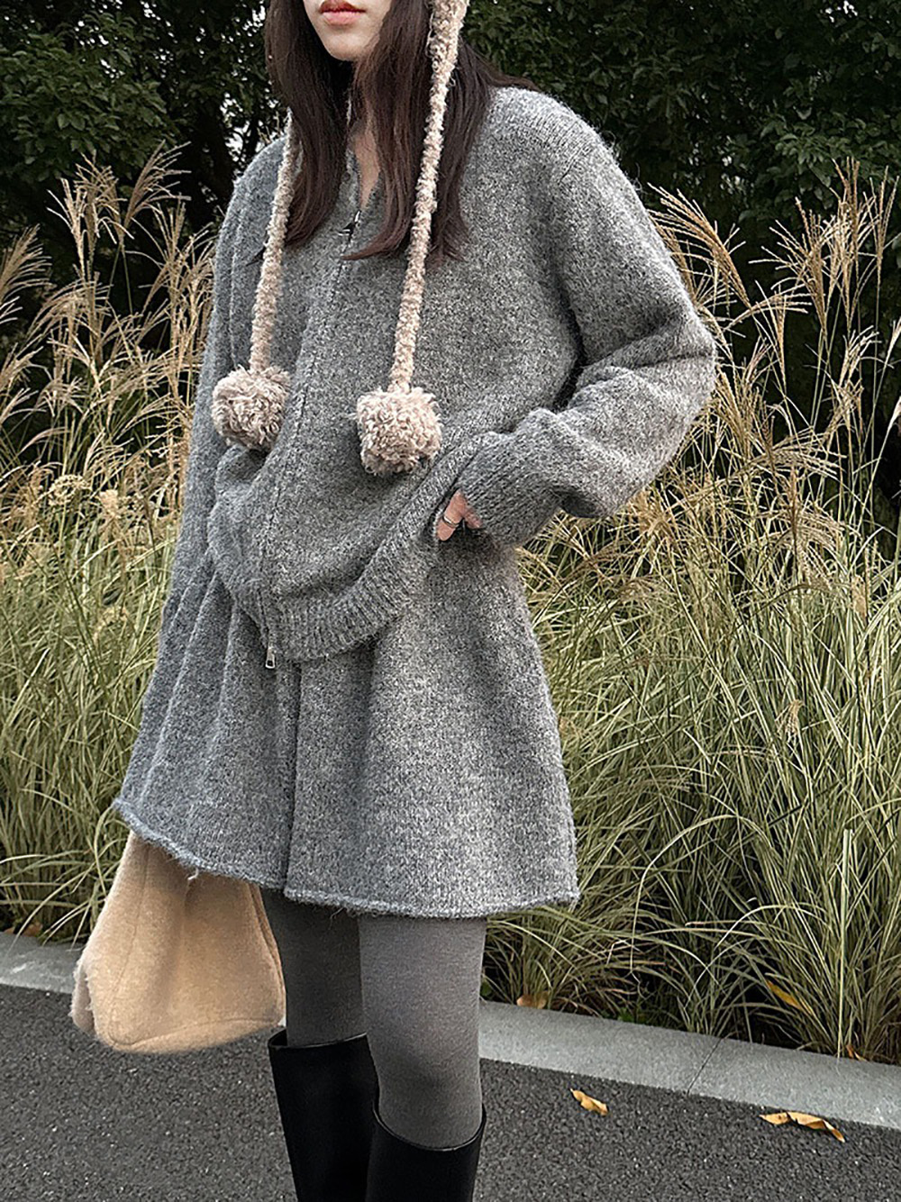 拉鍊針織毛衣短裙套裝