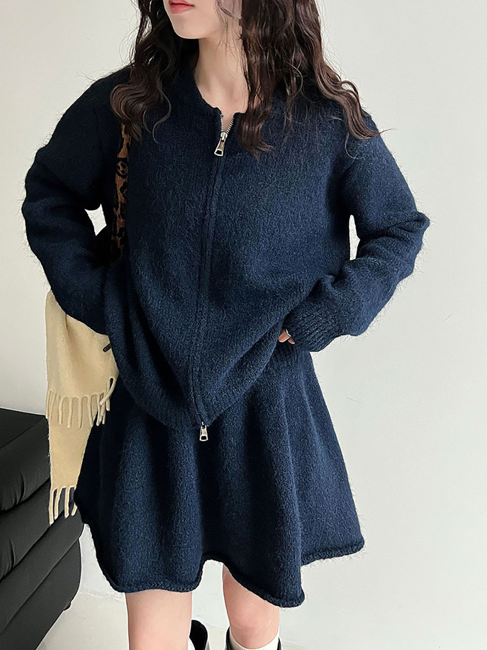 拉鍊針織毛衣短裙套裝