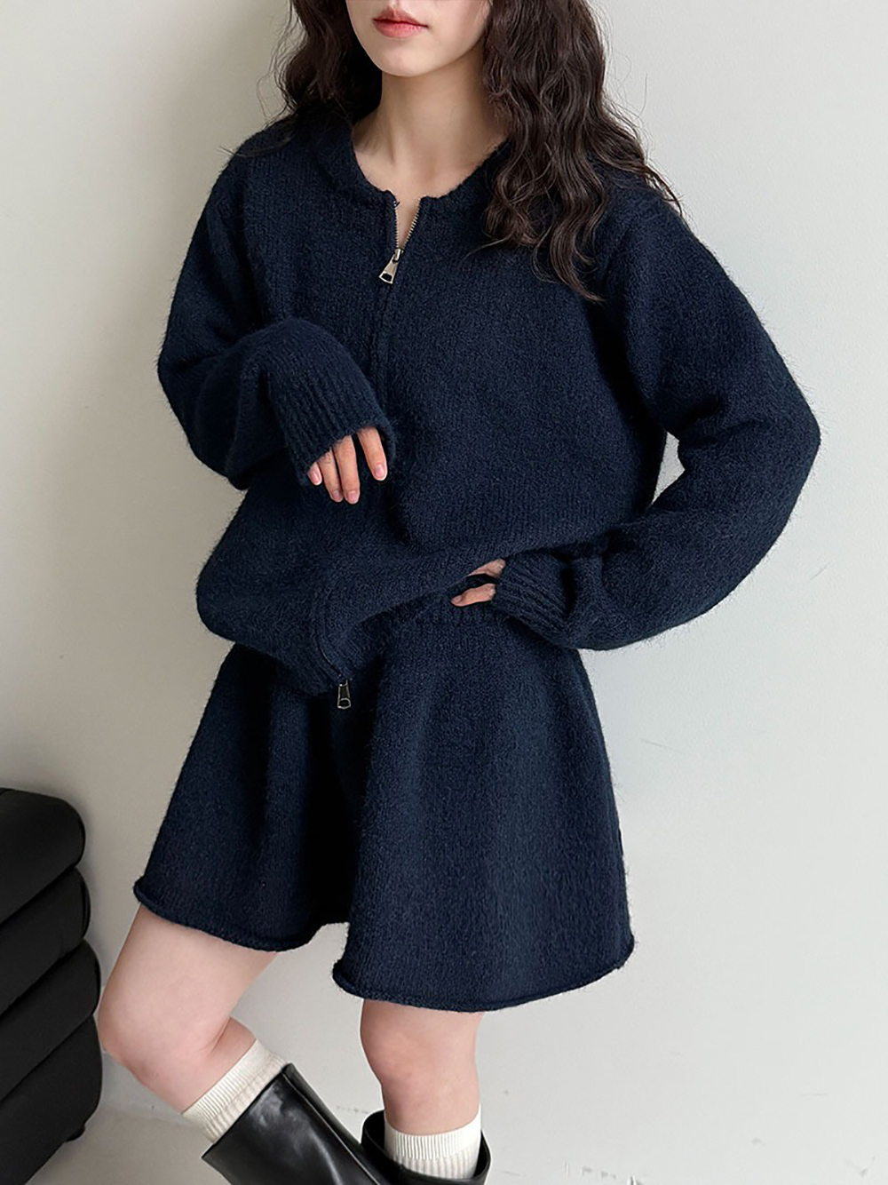 拉鍊針織毛衣短裙套裝