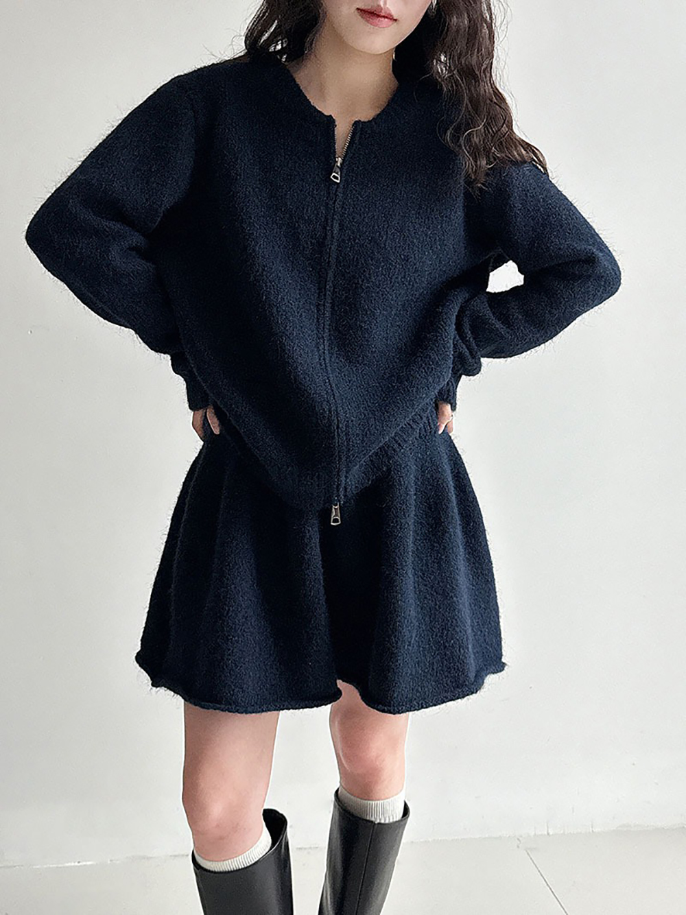 拉鍊針織毛衣短裙套裝