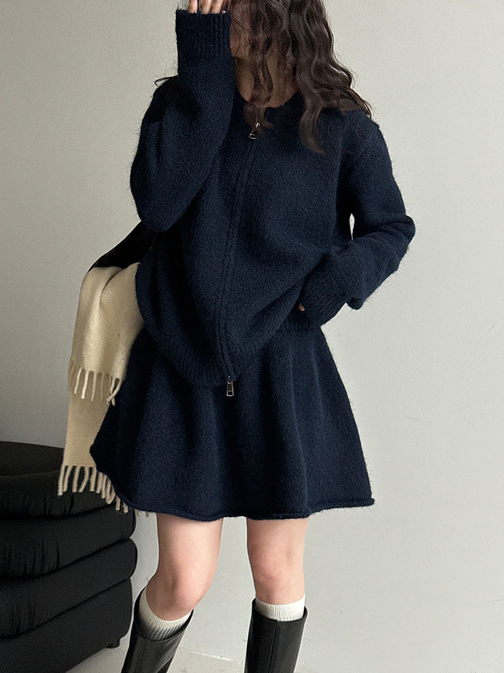 拉鍊針織毛衣短裙套裝