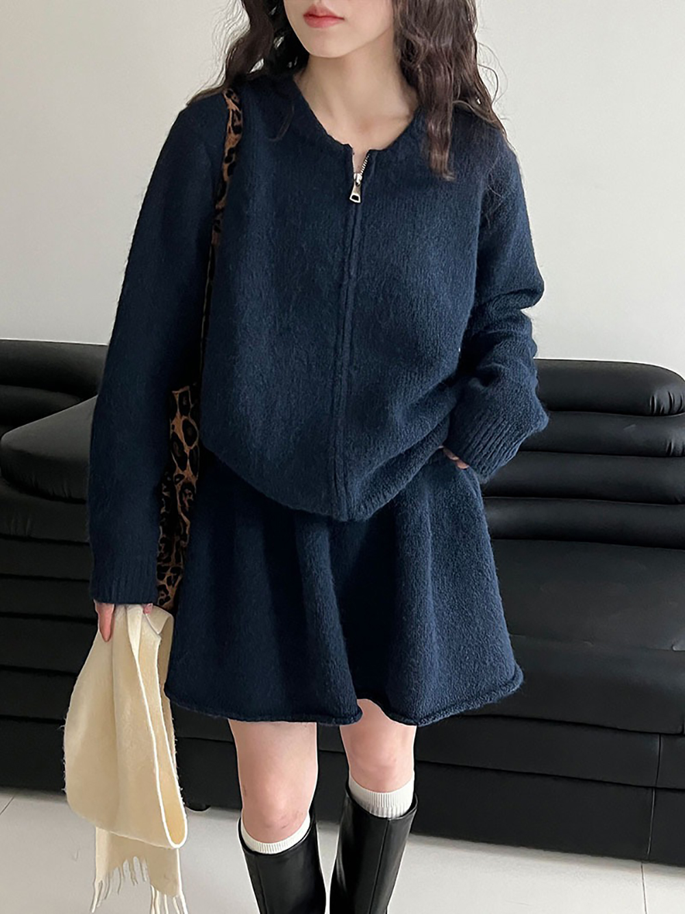 拉鍊針織毛衣短裙套裝