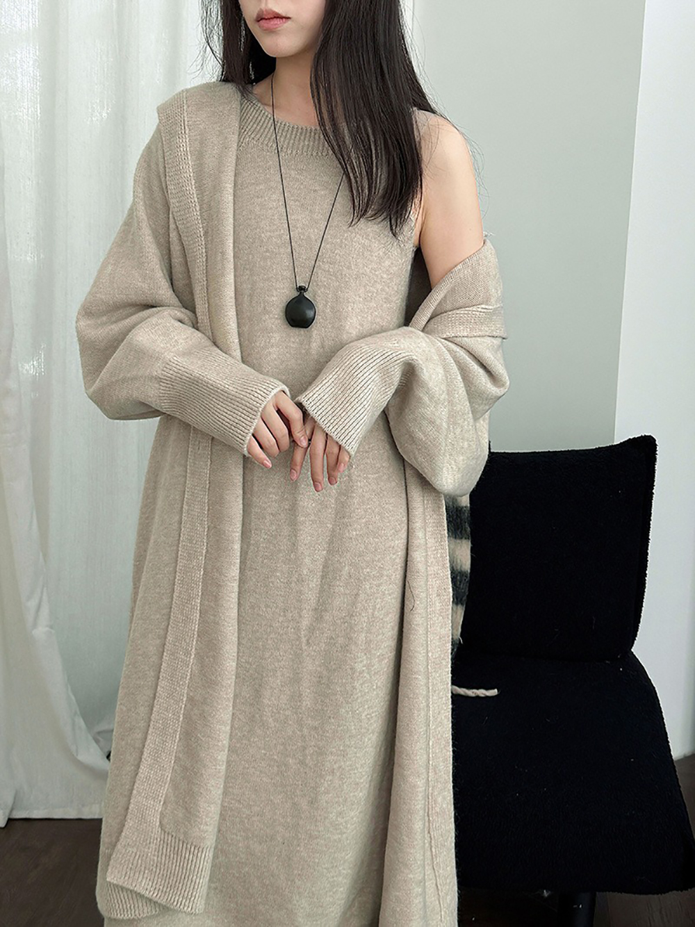 長款連帽針織開襟外套