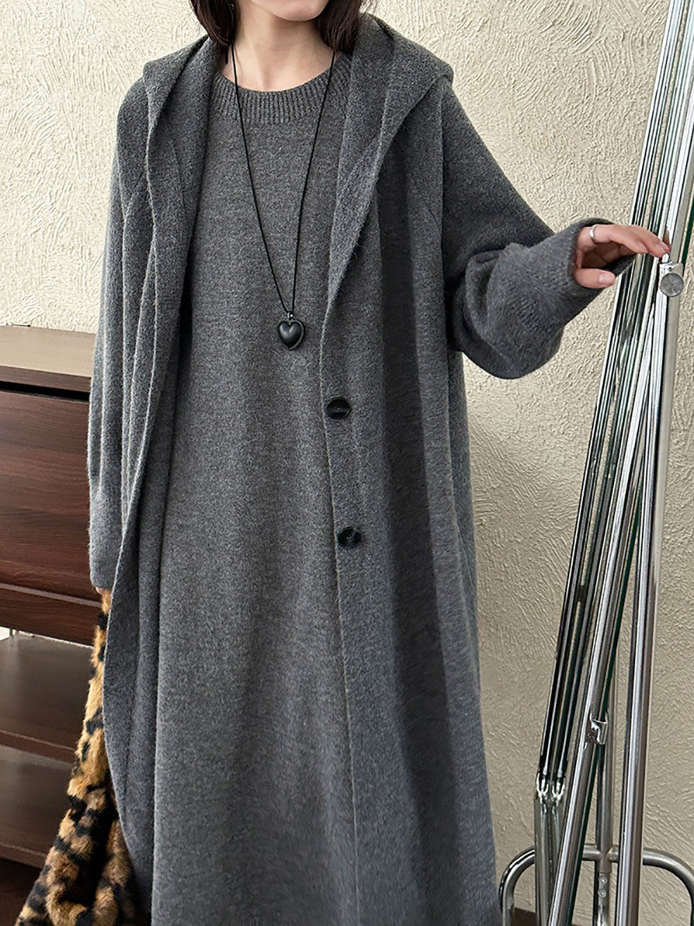 長款連帽針織開襟外套