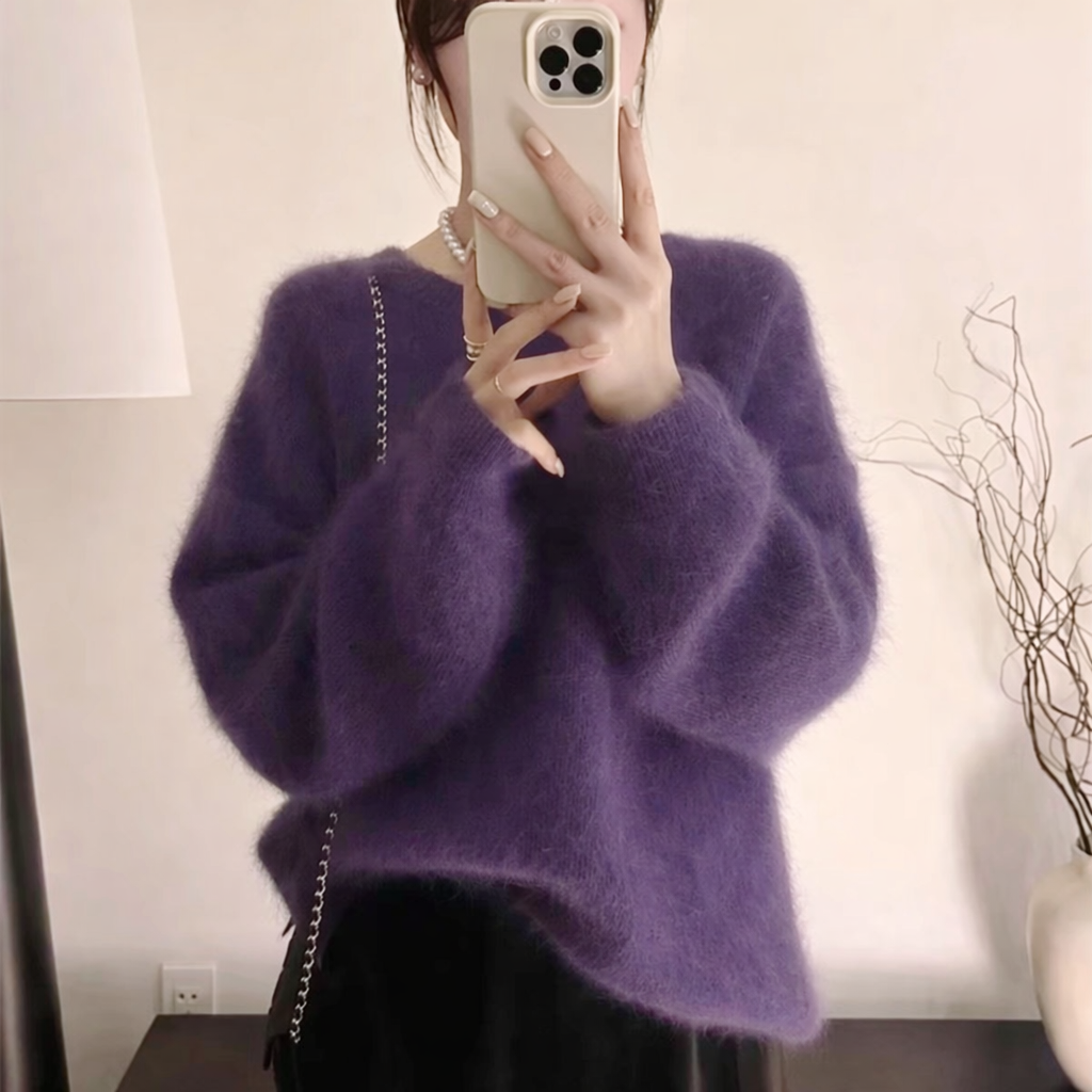 毛茸茸感圓領針織毛衣,針織,上衣,上身,毛衣,氣質