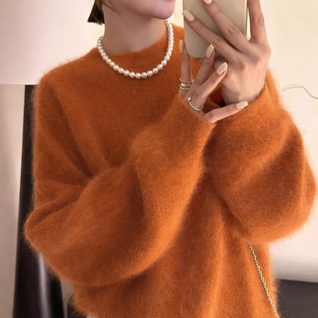 毛茸茸感圓領針織毛衣,針織,上衣,上身,毛衣,氣質