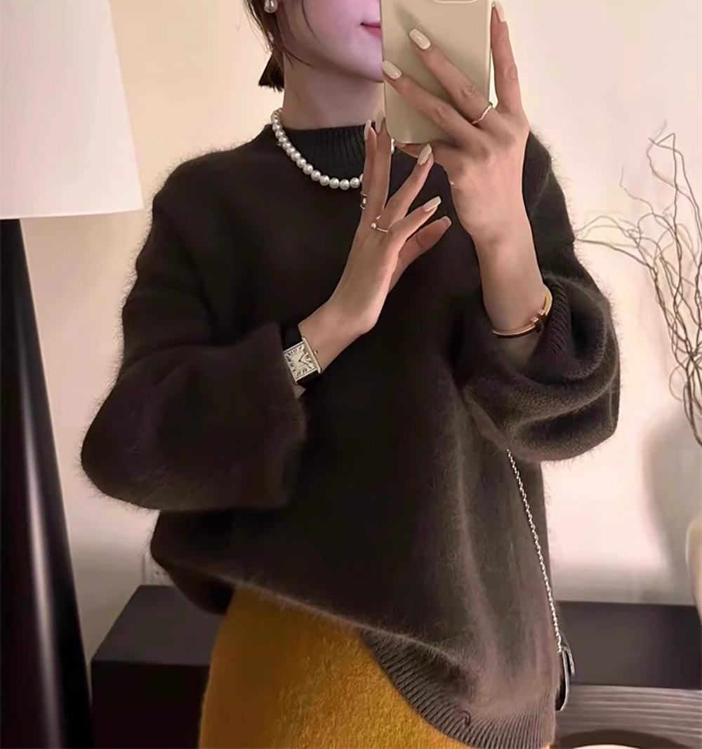 毛茸茸感圓領針織毛衣,針織,上衣,上身,毛衣,氣質