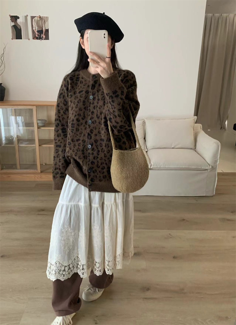 復古豹紋排釦針織外套