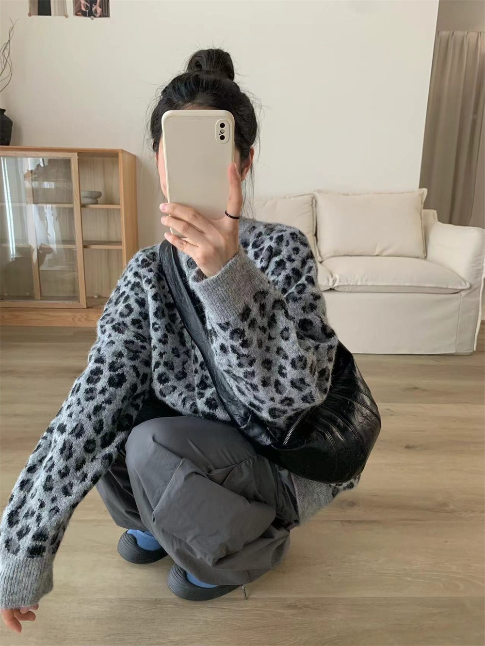 復古豹紋排釦針織外套