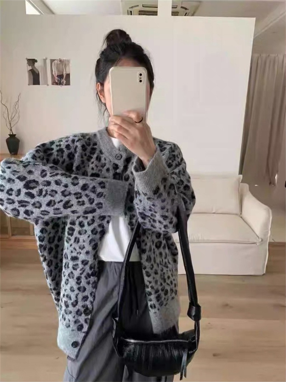 復古豹紋排釦針織外套